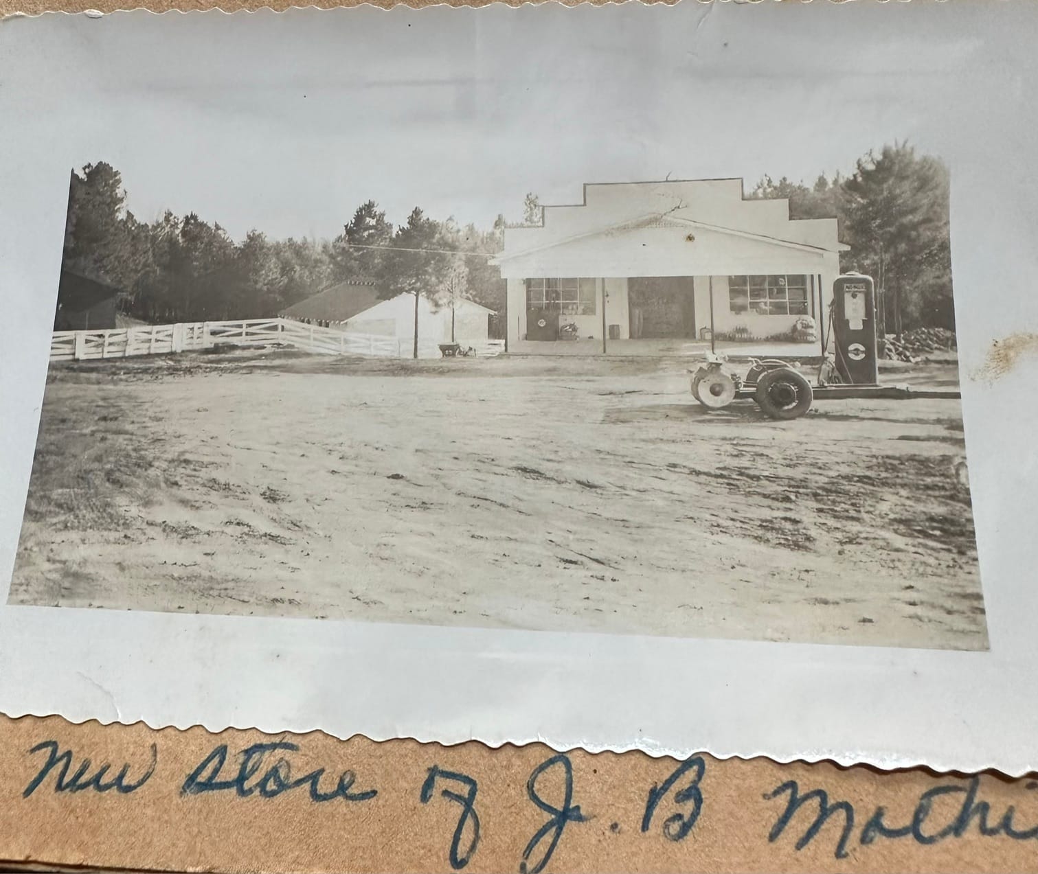 The original J.B. Mathis General Store in 1950 with a gas pump out front on Union Hill Road