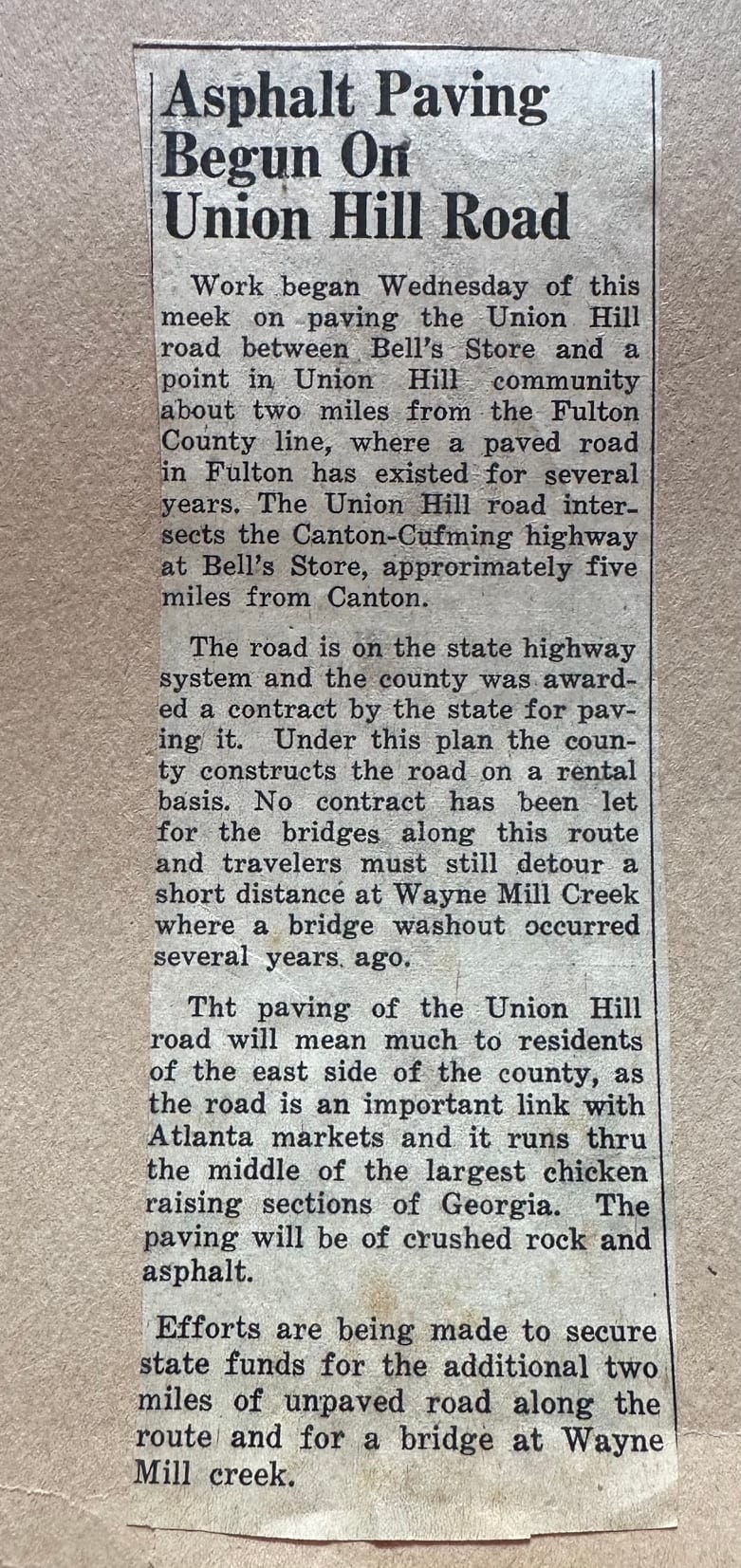 Newspaper article: Asphalt Paving Begun on Union Hill Road